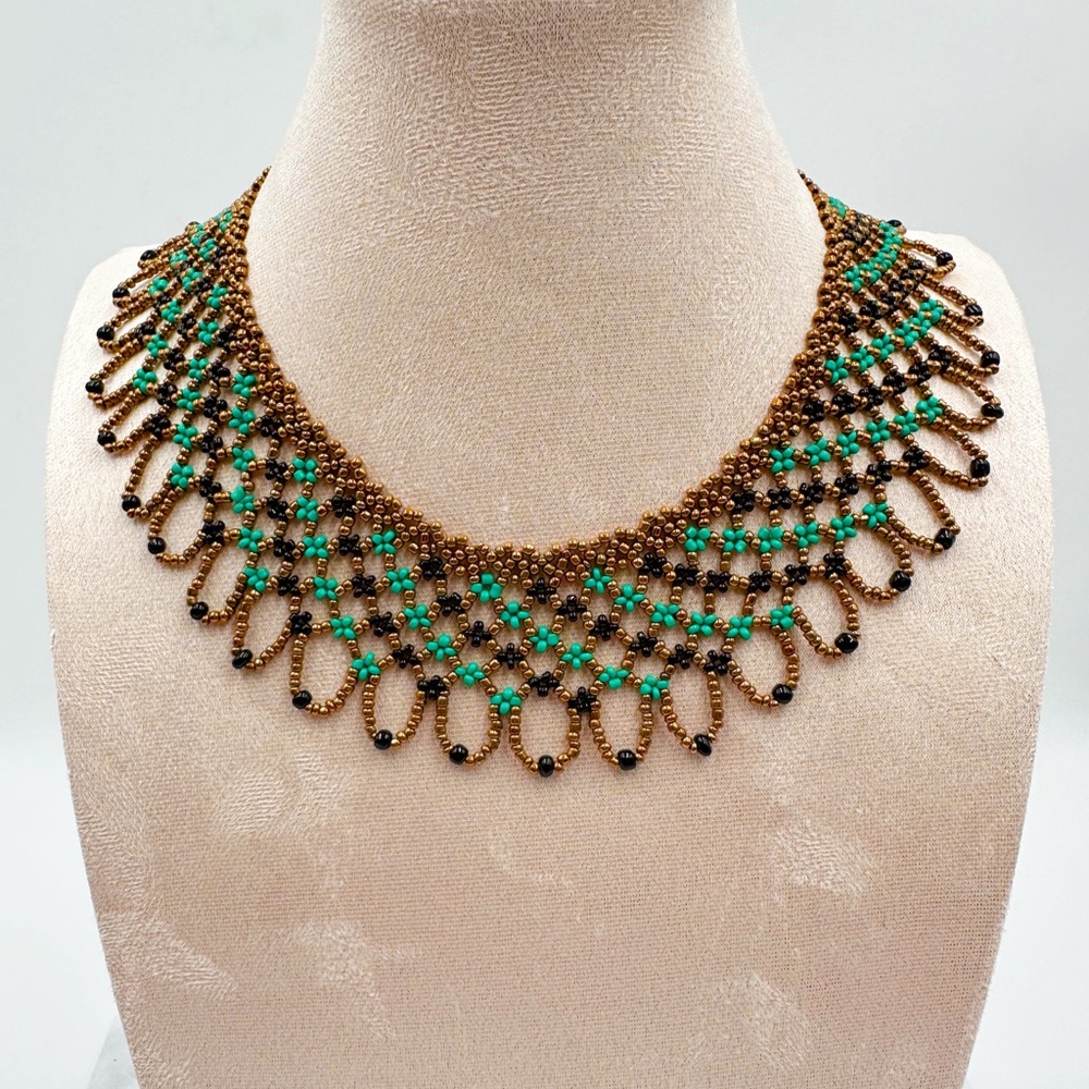 Vintage Black Turquoise and Gold Glass Seed Bead Collar Choker 14” Necklace